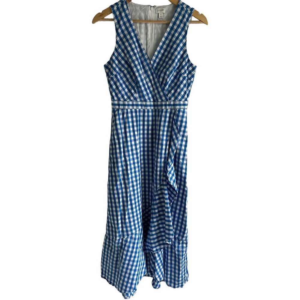 J Crew Factory Women’s Size 0 Blue & White Gingham V Neck Ruffle Dress